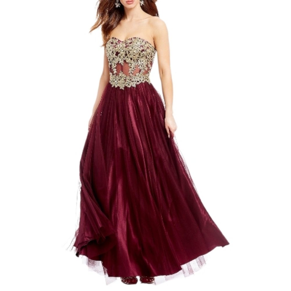 BLONDIE NITES maroon and gold embroidered corset strapless formal prom dress 7‎